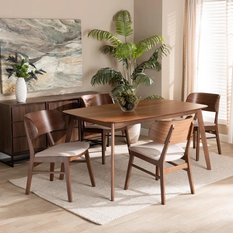 Alston Mid-Century Walnut 5-Piece Dining Set with Beige Upholstered Chairs