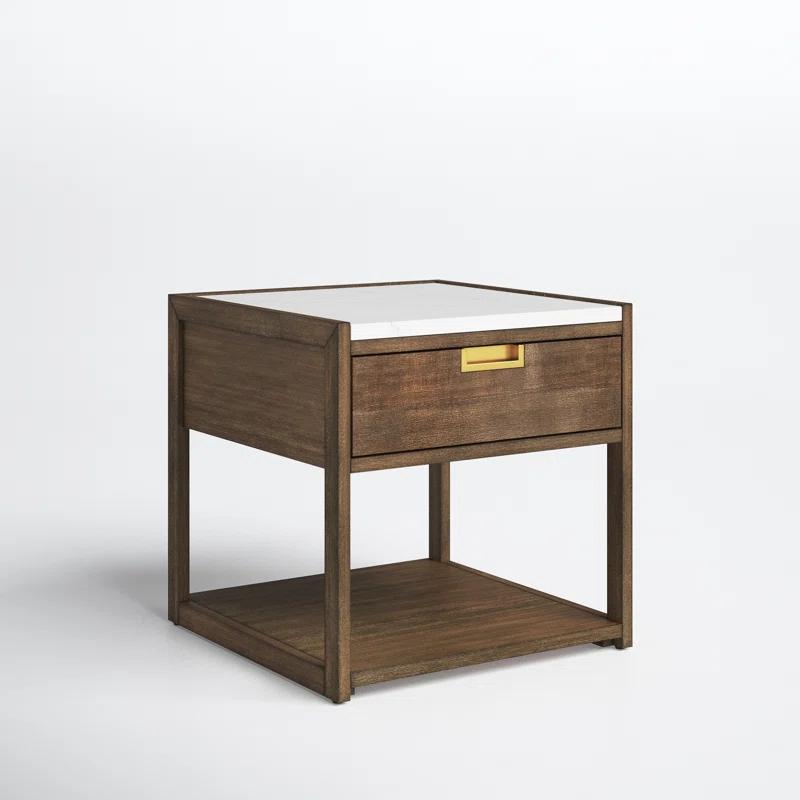 Transitional Dark Chocolate 1-Drawer Nightstand with White Marble Top