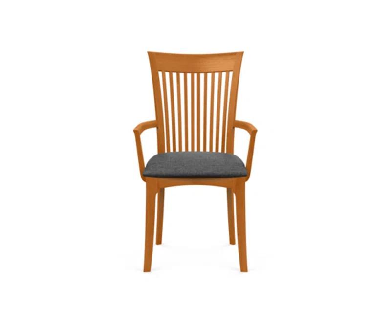 Modern Cherry Wood Slat Arm Chair with White Leather Upholstery