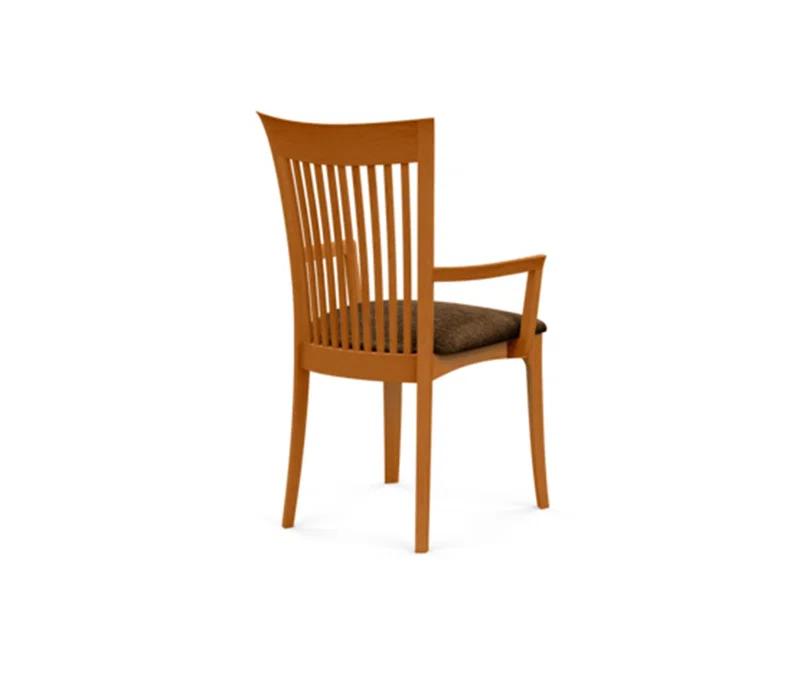 Modern Cherry Wood Slat Arm Chair with White Leather Upholstery