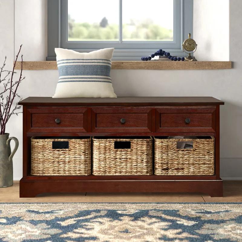 Transitional Damien Dark Cherry Pine Storage Bench with Wicker Baskets