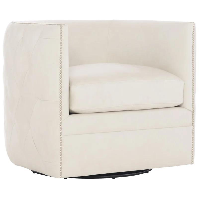 Palazzo Modern Swivel Barrel Chair in White Leather with Nickel Nailheads