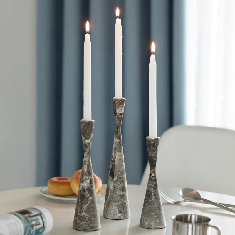 Ivy Bronx Marble Resin Candle Holders - 3 Set Taper Candlesticks for Home Decor, Gray