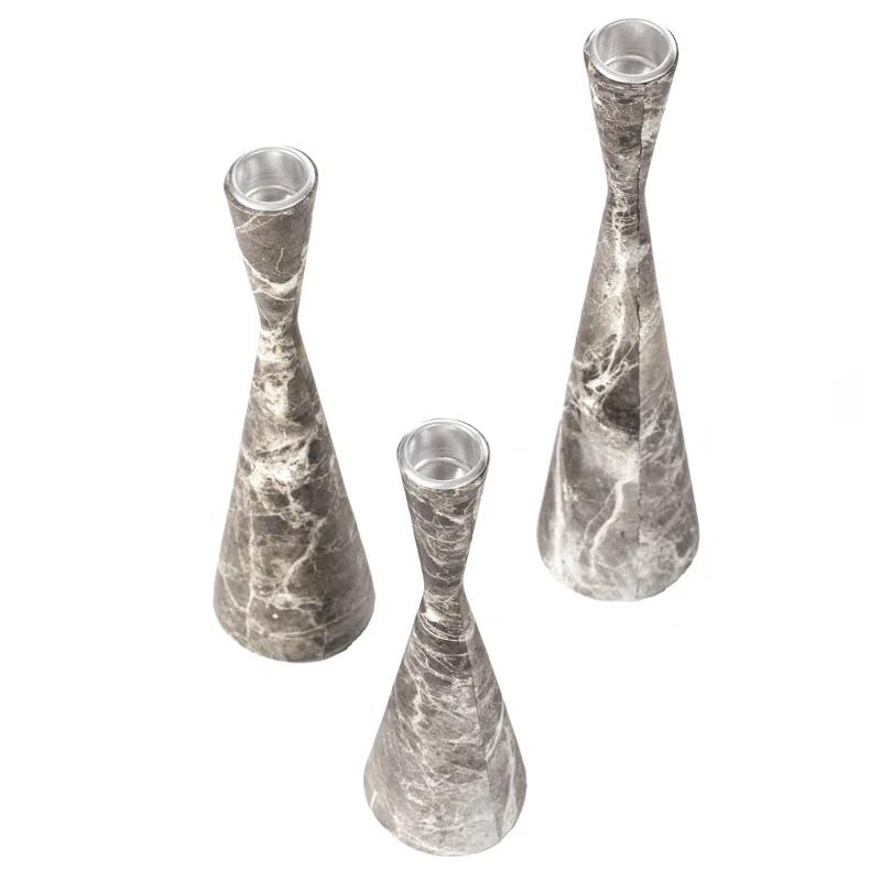 Ivy Bronx Marble Resin Candle Holders - 3 Set Taper Candlesticks for Home Decor, Gray