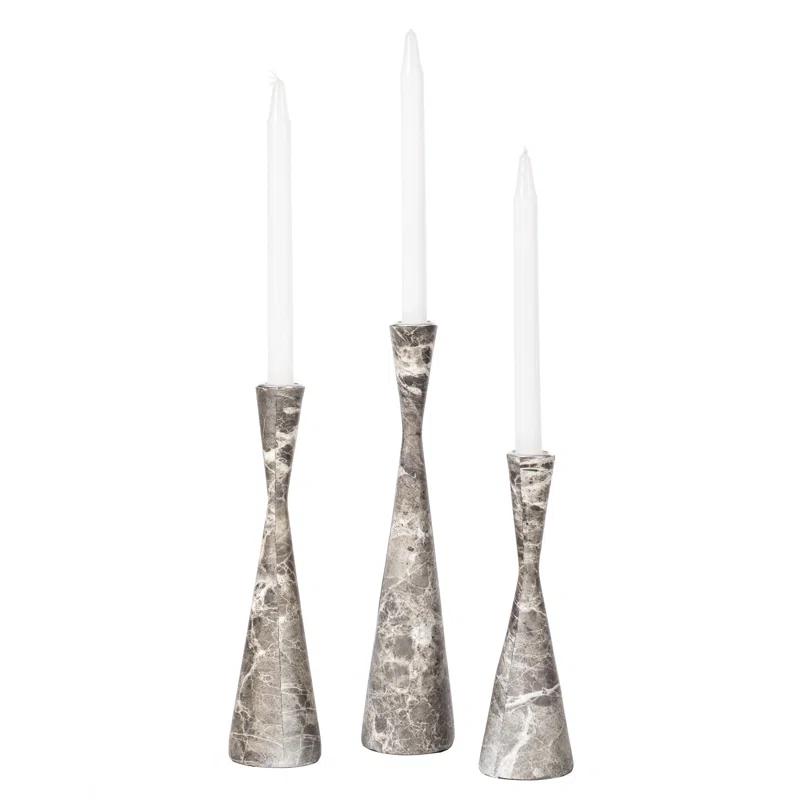 Ivy Bronx Marble Resin Candle Holders - 3 Set Taper Candlesticks for Home Decor, Gray