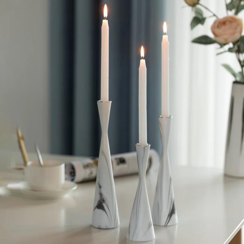 Ivy Bronx Marble Resin Candle Holders - 3 Set Taper Candlesticks for Home Decor, Table Centerpieces, White