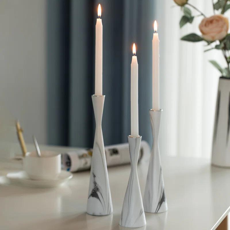 Elegant White Marble Resin Taper Candlestick Trio for Tabletop Decor