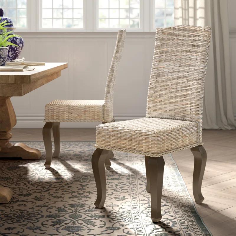 Set of 2 Transitional White Washed Rattan Side Chairs