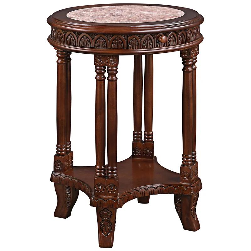 Acanthus Scrollwork Hand-Carved Wood and Marble End Table with Storage