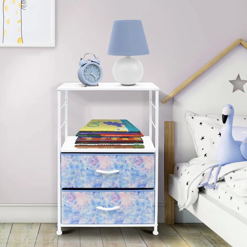 Sorbus Sorbus 2 Drawers and Shelves Nightstand with Steel Frame, Wood Top & Fabric Bins in Tie Dye Blue