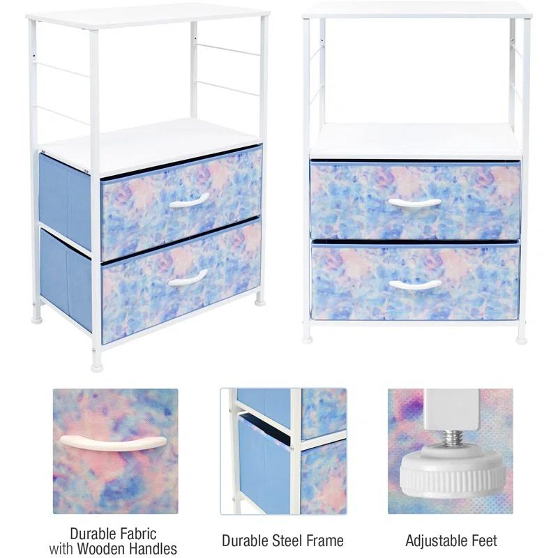 Sorbus Sorbus 2 Drawers and Shelves Nightstand with Steel Frame, Wood Top & Fabric Bins in Tie Dye Blue