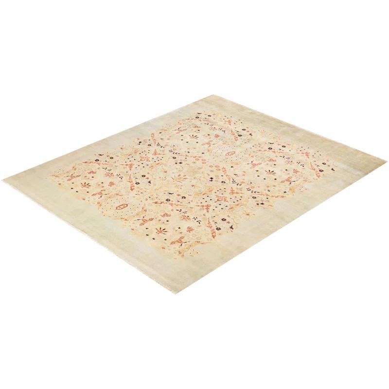 Ivory Floral Hand-Knotted Wool Rectangular Area Rug 8' x 10'