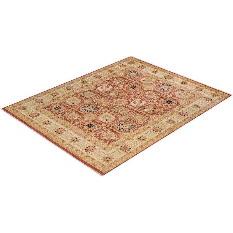 Hand-Knotted Wool Oriental Area Rug in Ivory, Sand, and Red, 8' x 10'