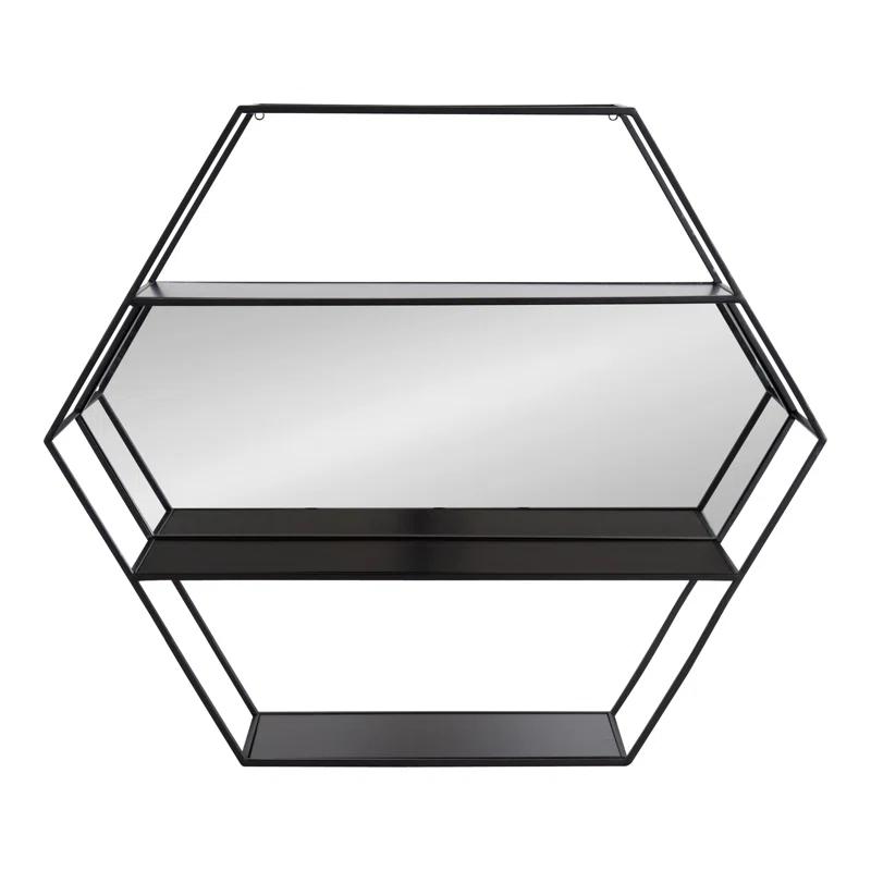 Lintz Hexagon Black Metal Floating Wall Mirror with Shelves