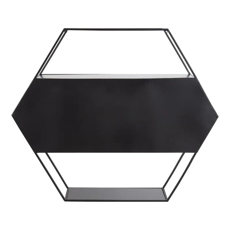 Lintz Hexagon Black Metal Floating Wall Mirror with Shelves