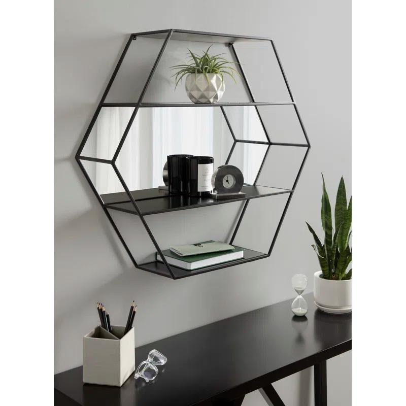 Lintz Hexagon Black Metal Floating Wall Mirror with Shelves