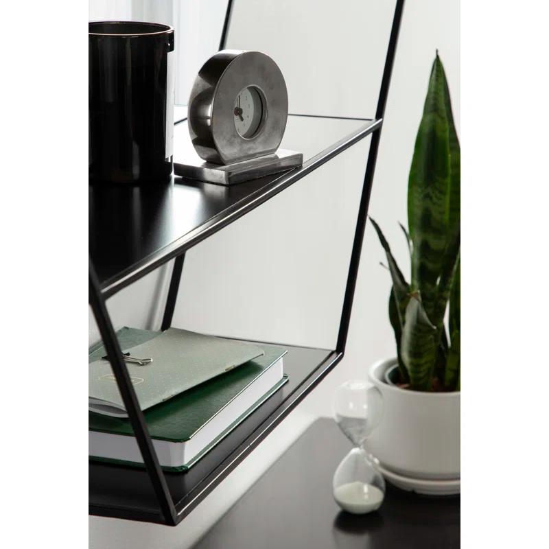 Lintz Hexagon Black Metal Floating Wall Mirror with Shelves