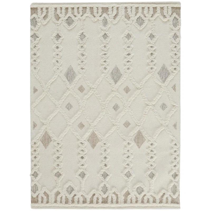 Ivory Geometric Tufted Wool 10' x 14' Area Rug