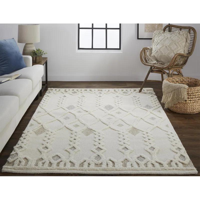 Ivory Geometric Tufted Wool 10' x 14' Area Rug