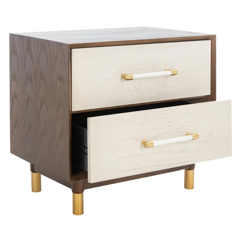 Retro Rustic Walnut/White Washed 2 Drawer Nightstand with Brass Accents