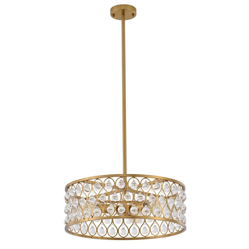 Elegant Black and Gold Metal Drum Chandelier with Clear Crystals