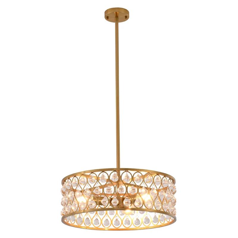 Elegant Black and Gold Metal Drum Chandelier with Clear Crystals