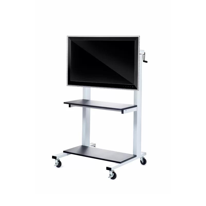 Crank Adjustable Mobile TV Cart with Dual Shelves, White & Black