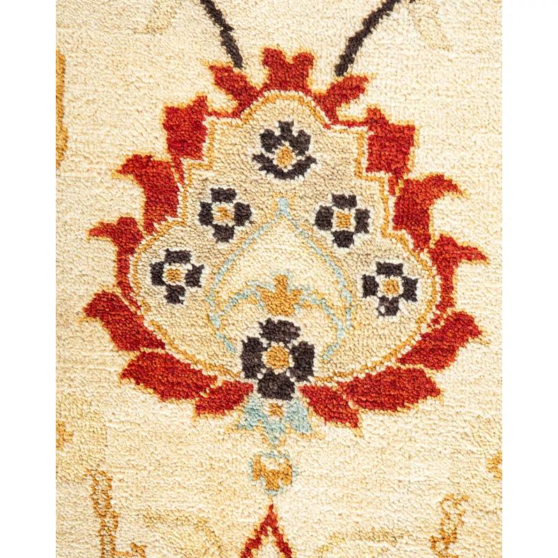 Eclectic Art Deco Ivory Wool 9' x 12' Hand-Knotted Area Rug