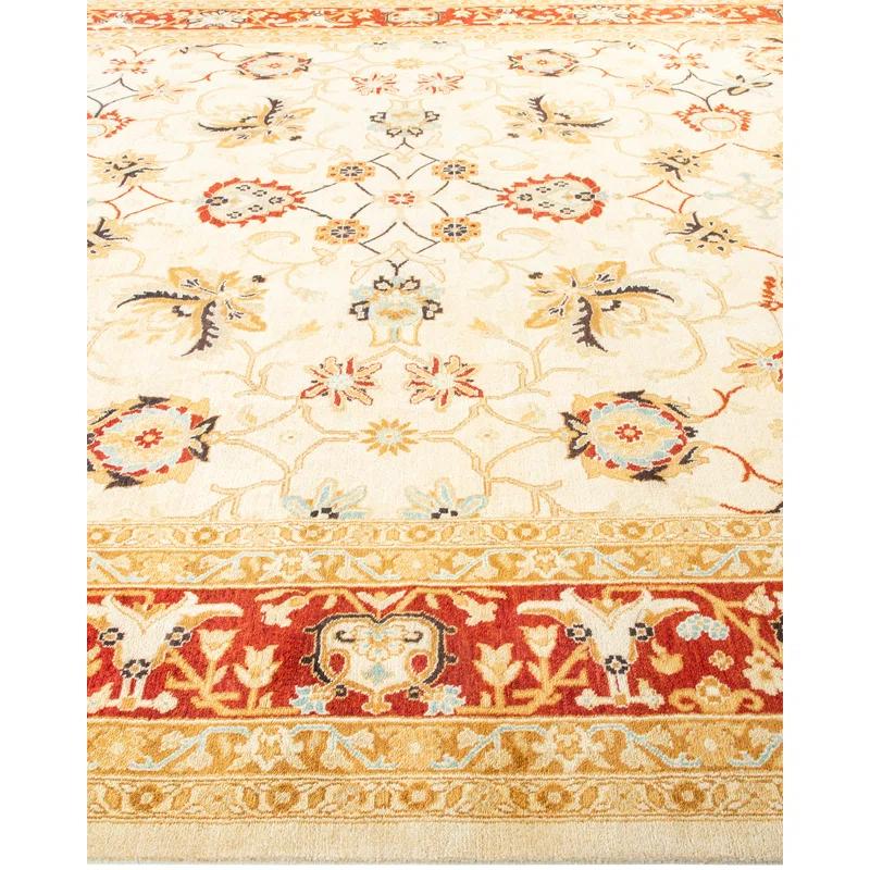 Eclectic Art Deco Ivory Wool 9' x 12' Hand-Knotted Area Rug