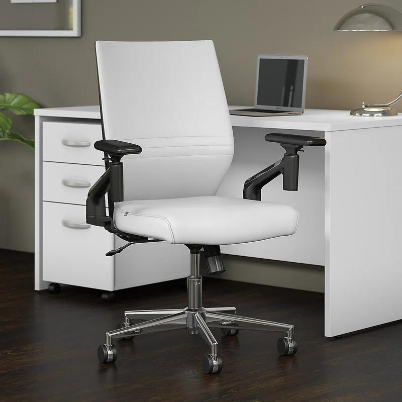 Contemporary White Leather Adjustable Task Chair with Swivel Arms