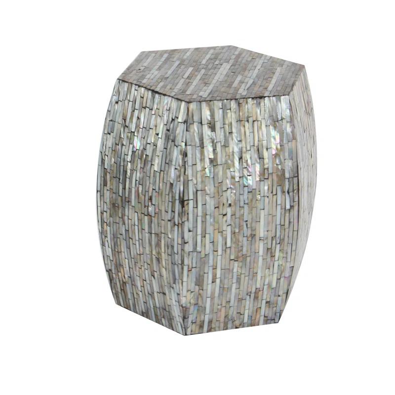 Wrought Studio™ Alissa Mother of Pearl Shell Handmade Shell Mosaic Hexagon Side End Gray Accent Table with Brown Accents