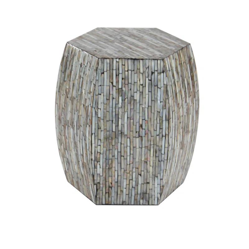 Wrought Studio™ Alissa Mother of Pearl Shell Handmade Shell Mosaic Hexagon Side End Gray Accent Table with Brown Accents