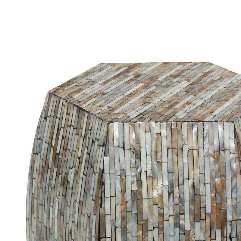 Wrought Studio™ Alissa Mother of Pearl Shell Handmade Shell Mosaic Hexagon Side End Gray Accent Table with Brown Accents