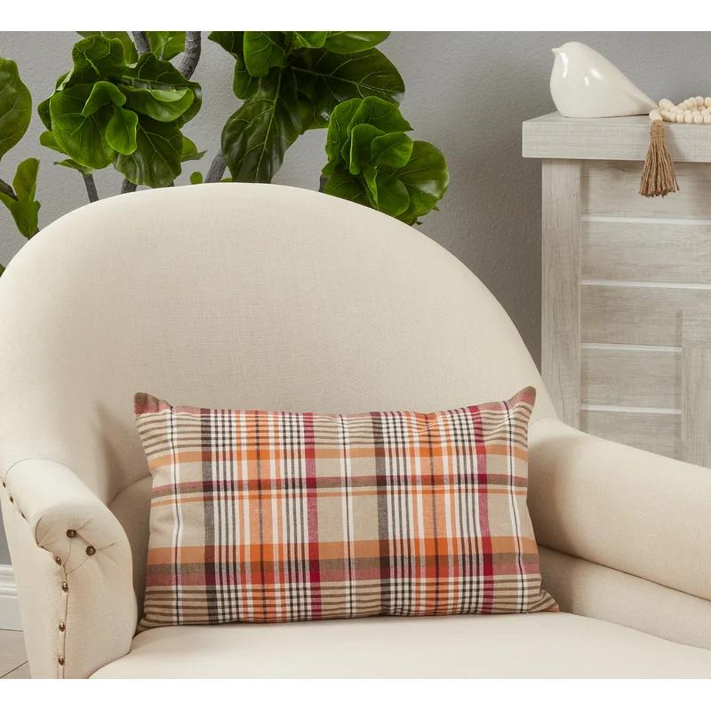 Cheerful Multi-Color Plaid Cotton Down-Filled Oblong Pillow