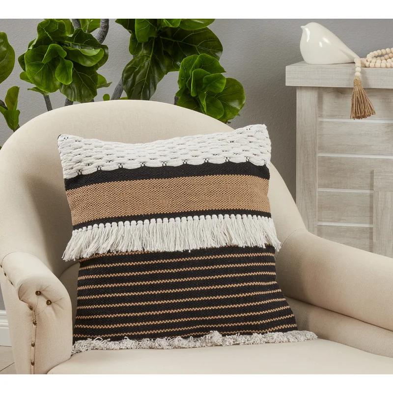 Whimsical Fringed Black and White Cotton Pillow Cover