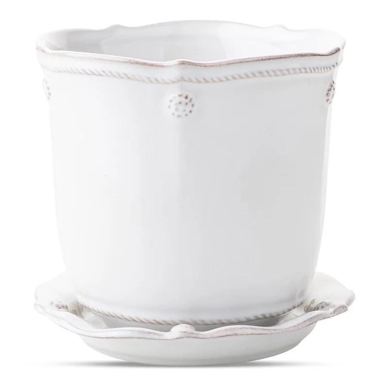 Whitewash Ceramic Round Planter with Saucer and Distressed Finish