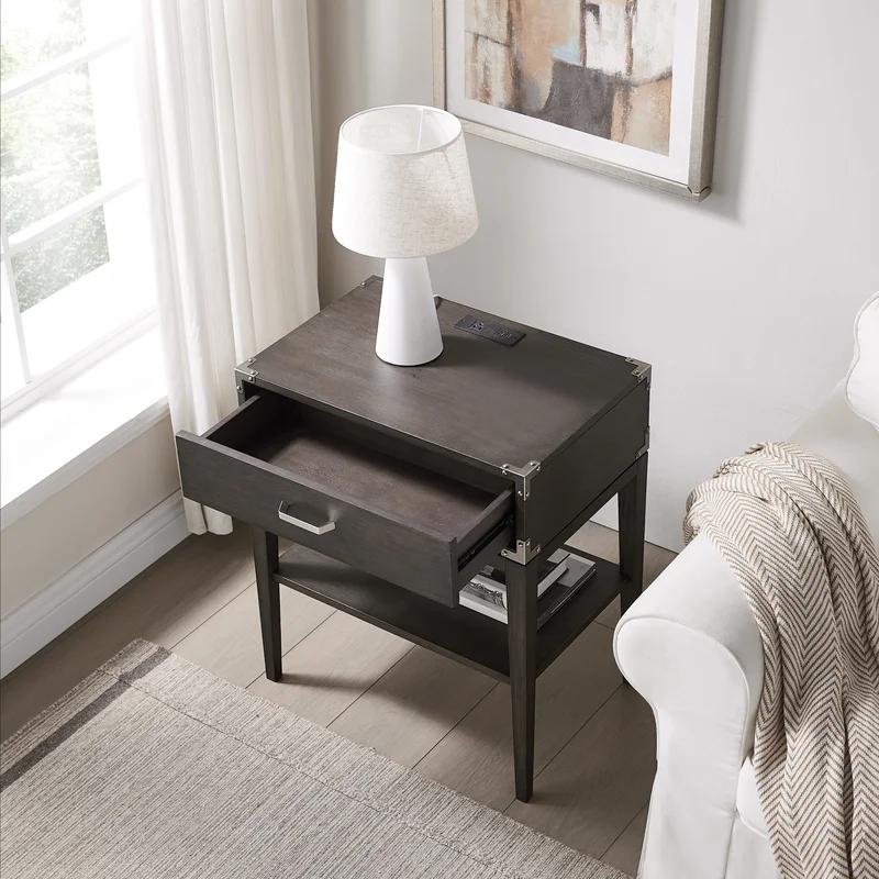 Beckett Anthracite Solid Wood Nightstand with USB Charging Port