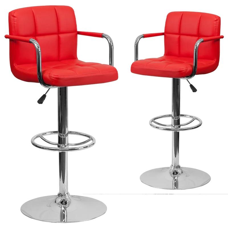 Sleek Red Swivel Adjustable Barstool with Chrome Footrest