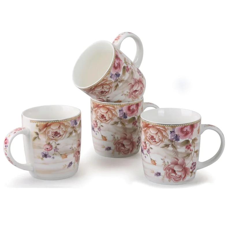 Set of 4 Pink Floral Ceramic Coffee Mugs