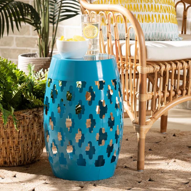 Blue Geometric Cut-Out Metal Barrel Side Table