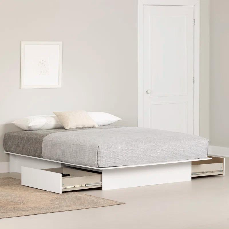 Sleek Pure White Full/Double Platform Bed with 2 Storage Drawers