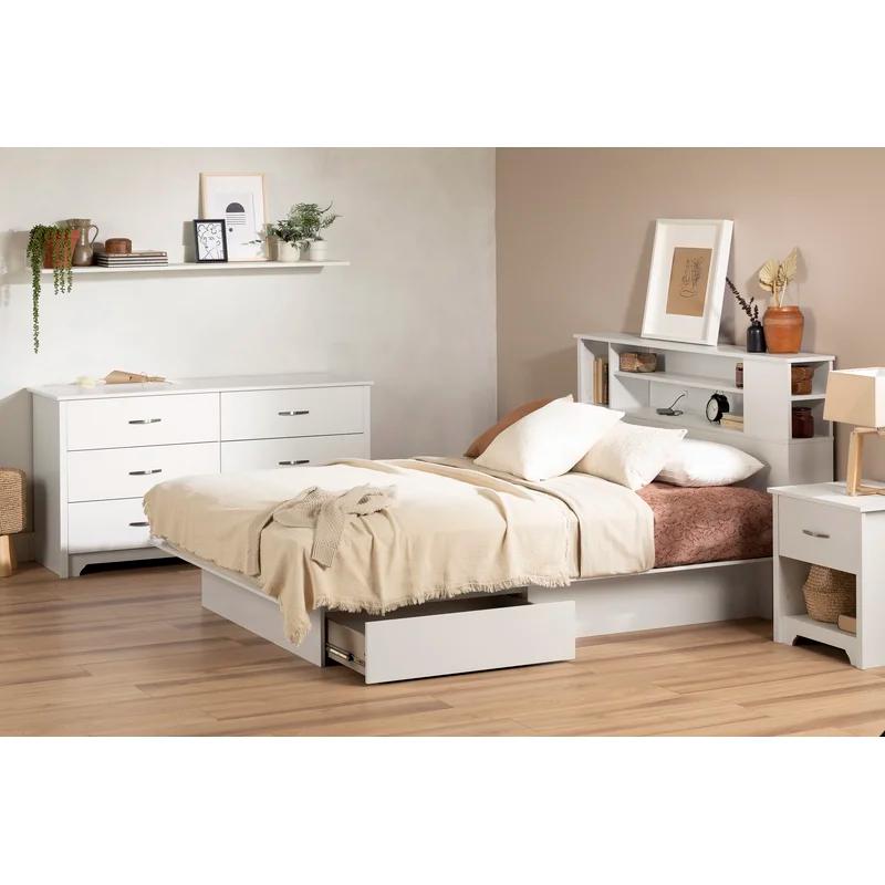 Sleek Pure White Full/Double Platform Bed with 2 Storage Drawers