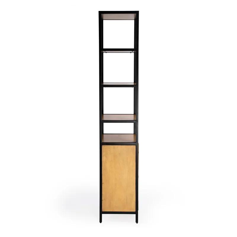 Hans Narrow Black and Natural Wood 84" Etagere Bookcase with Iron Frame