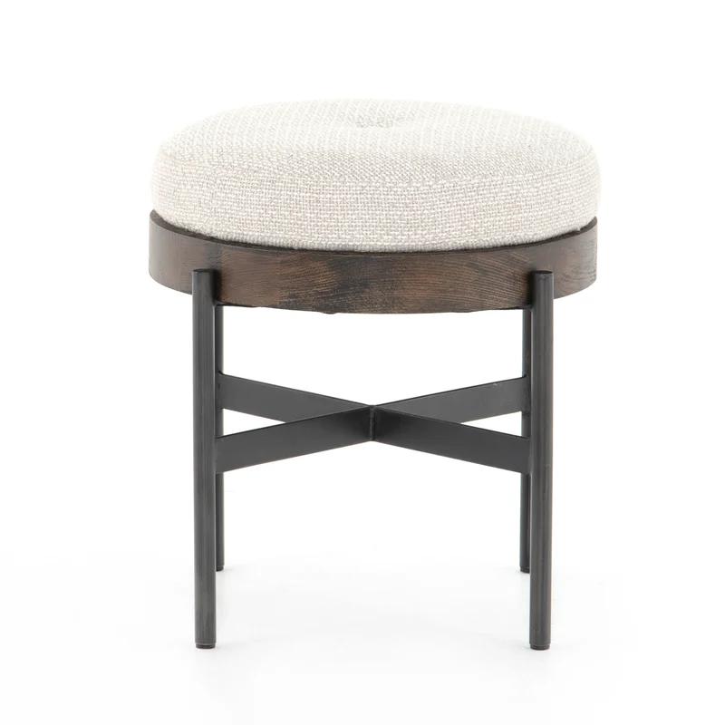 Contemporary Cream Tufted Round Ottoman with Beech Wood Top