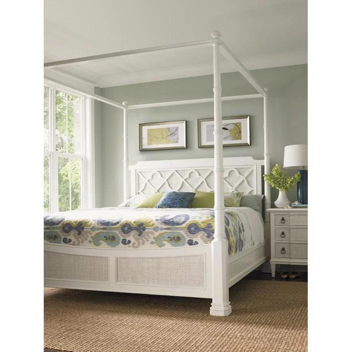 White Wood Queen Poster Bed with Upholstered Headboard