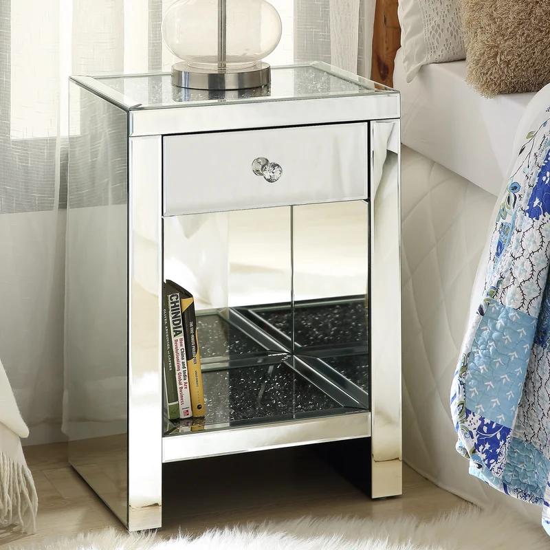 Elegant Mirrored 18" Nightstand with Faux Diamond Accents and Storage
