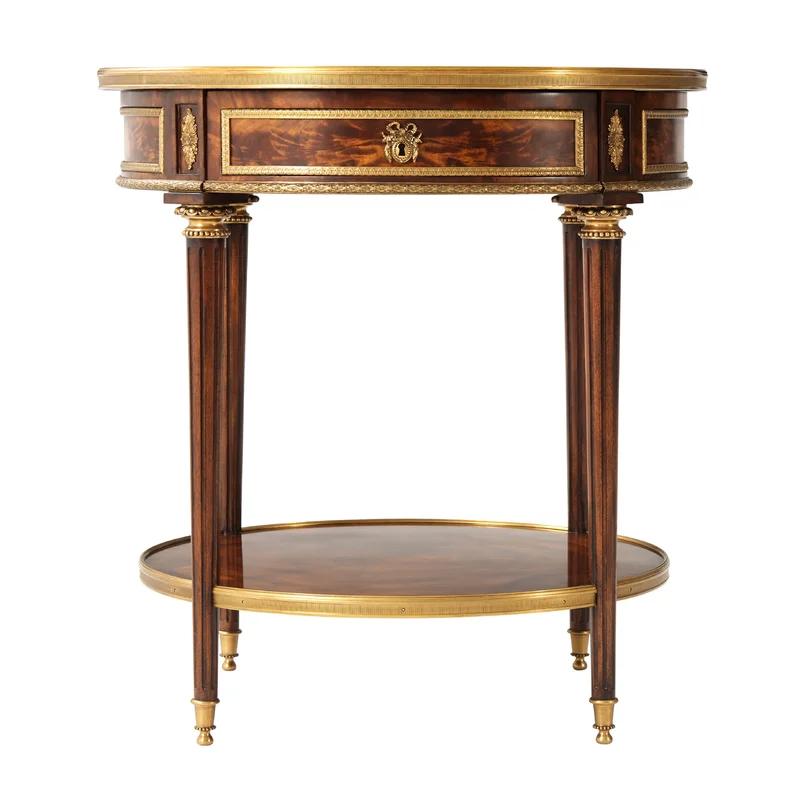 Circular Fluted Mahogany End Table with Brass Inlay and Marble Top