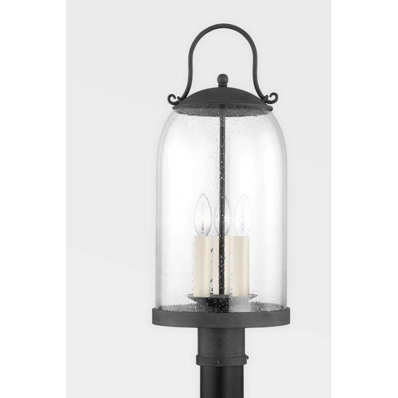 French Iron Clear Seeded Glass 3-Light Outdoor Post Lamp