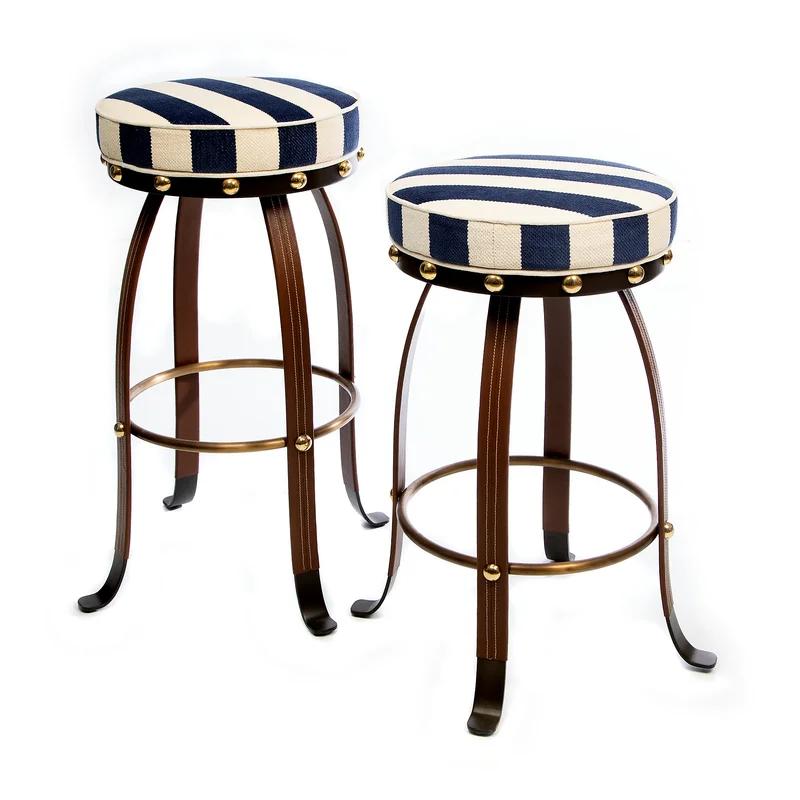 Navy Flatiron Leather-Wrapped Metal Counter Stool with Brass Details