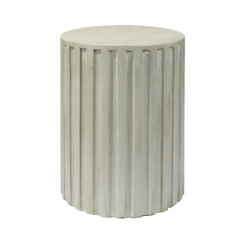 Coastal Cream Drum-Shaped Cement Side Table with Fluted Edges